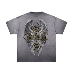Grey Black Washed Vintage Portrait Totem Double‑Sided Graphic Band‑Style T‑Shirt