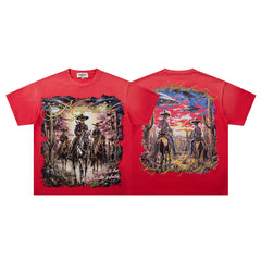 Red Washed Vintage Western Cowboy Double‑Sided Graphic Band‑Style T‑Shirt