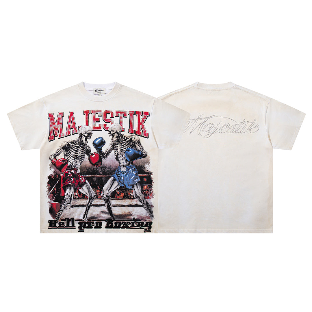 Off‑White Washed Vintage Boxing Fighter Double‑Sided Graphic Band‑Style T‑Shirt
