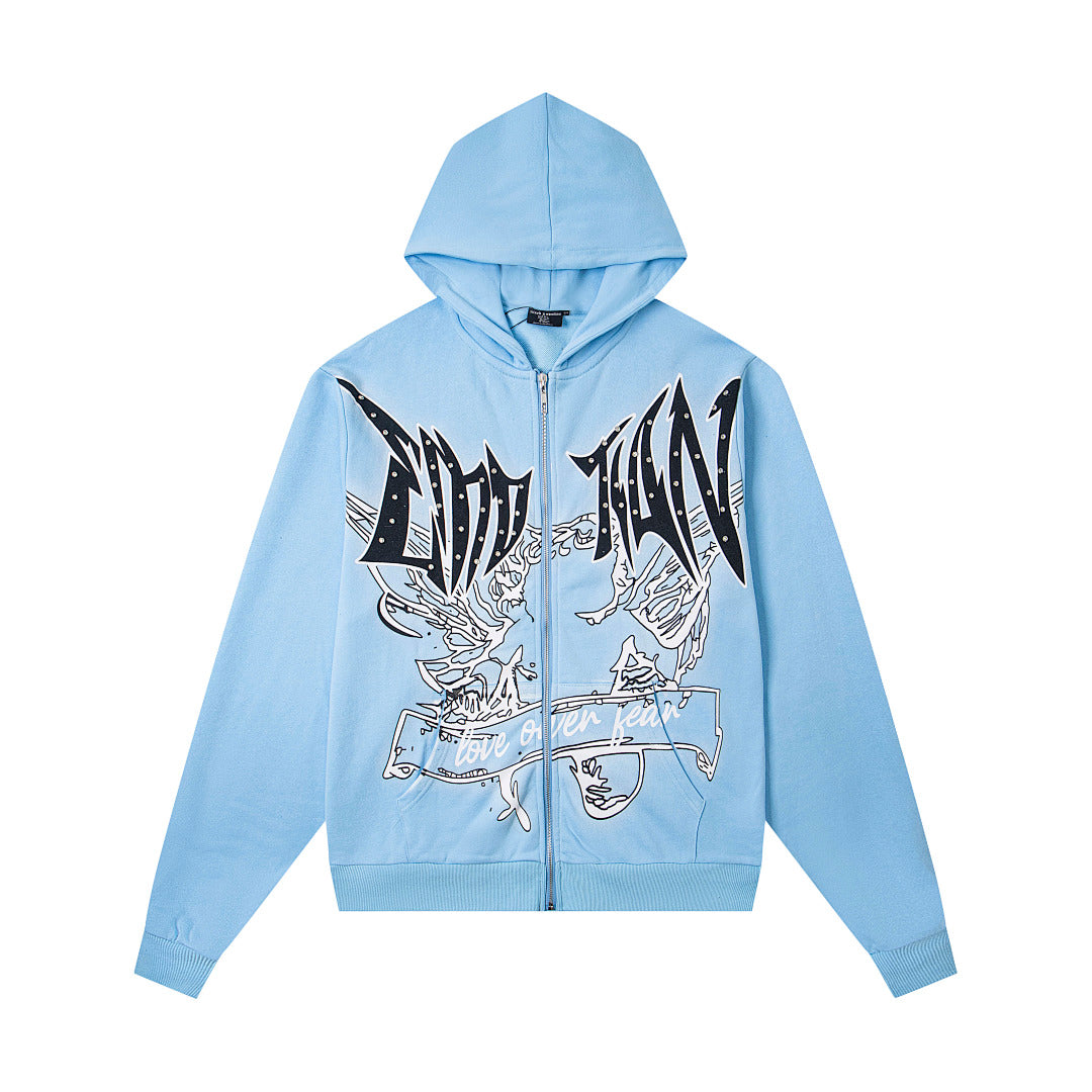 Retro Dark Print Zip‑Up Hooded Jacket Hip‑Hop Urban Street Outerwear