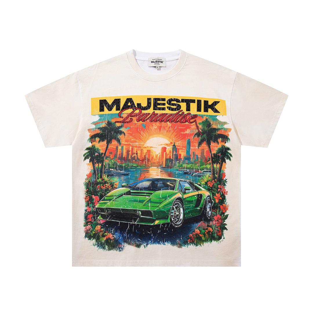 Off‑White Washed Vintage Sports Car Palm Double‑Sided Graphic T‑Shirt