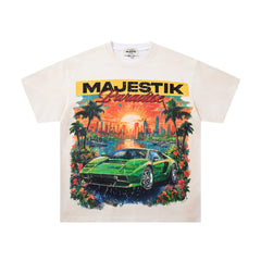 Off‑White Washed Vintage Sports Car Palm Double‑Sided Graphic T‑Shirt