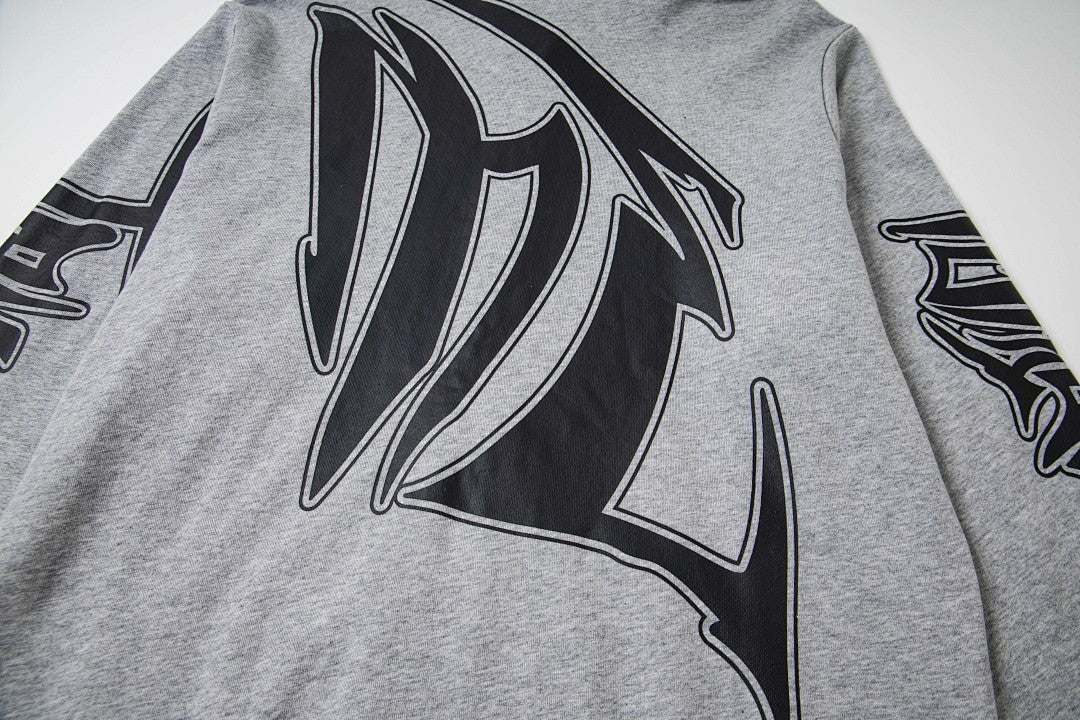 Heather Grey Vintage Gothic Letter Zip‑Up Oversized Hoodie Urban Streetwear Sweatshirt