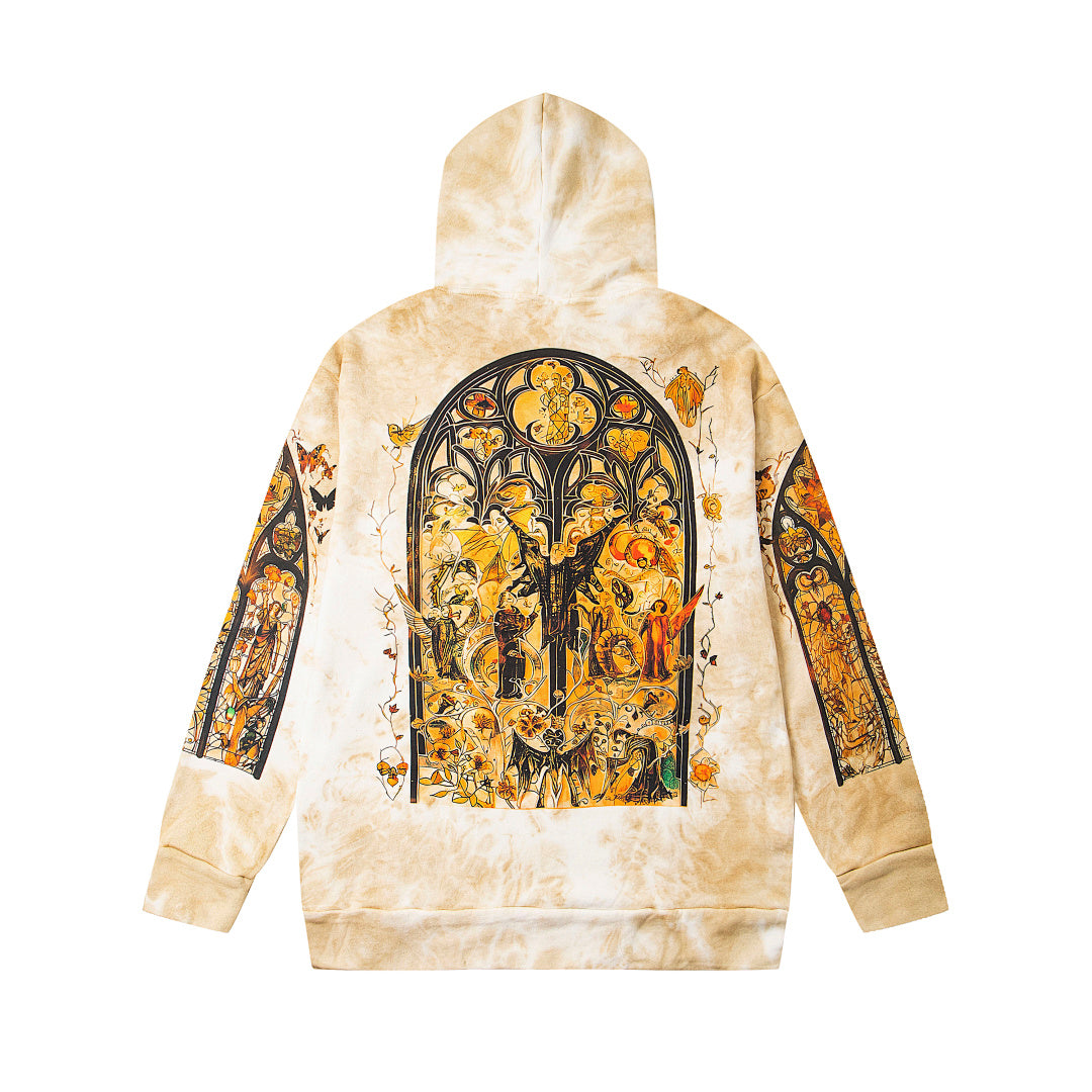 Vintage Cream Tie‑Dye Church Stained‑Glass Full‑Zip Hoodie