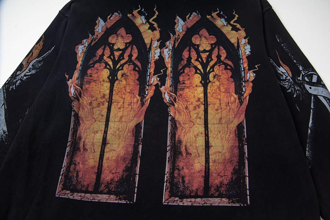 Vintage Black Church Stained‑Glass Print Full‑Zip Hoodie
