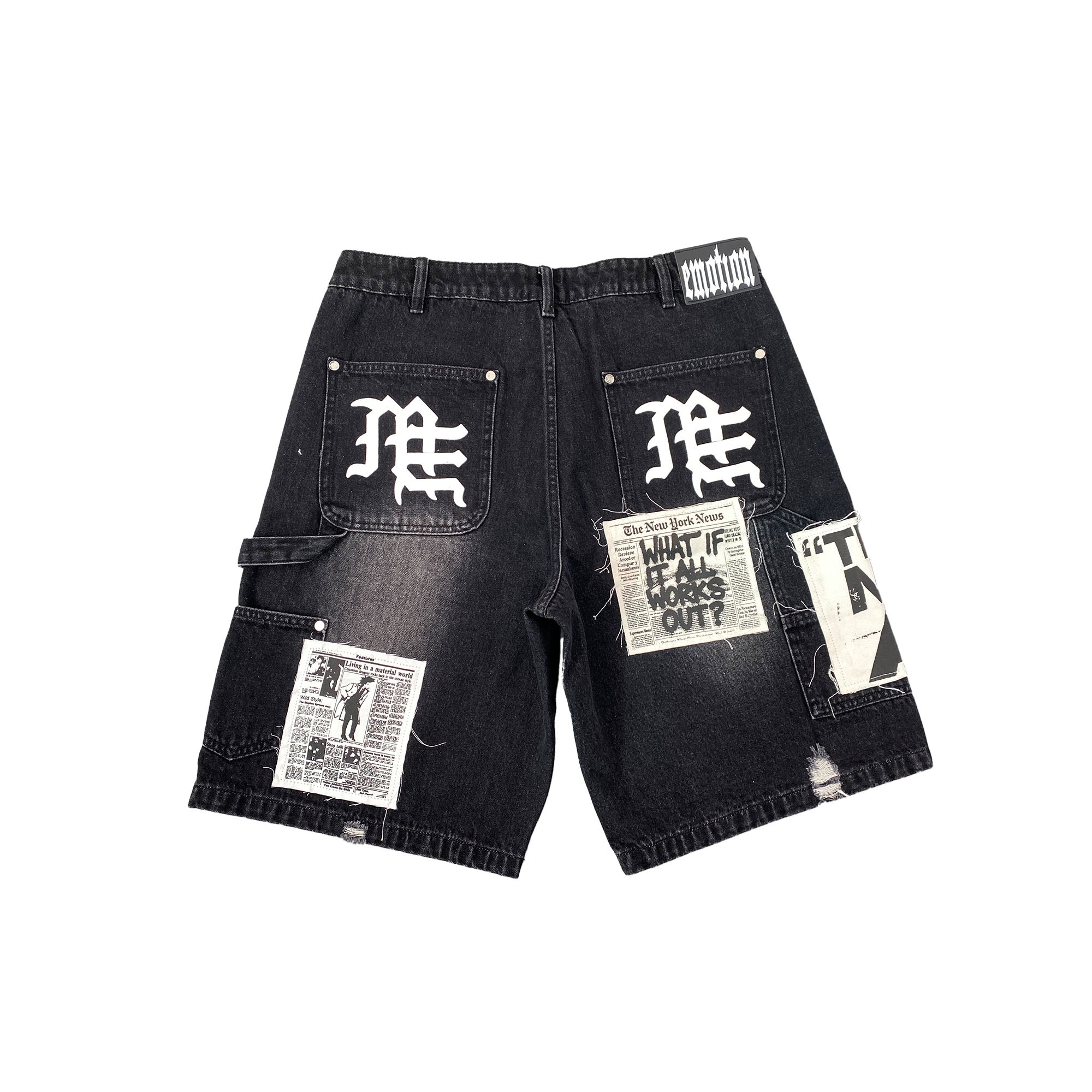Vintage Newspaper Graphic Patchwork Denim Shorts Men Street‑Cut Jean Shorts