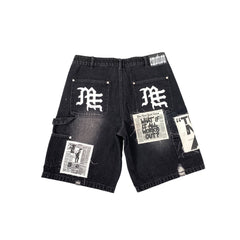 Vintage Newspaper Graphic Patchwork Denim Shorts Men Street‑Cut Jean Shorts