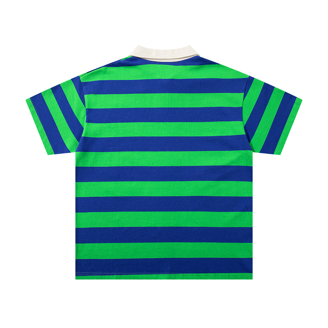 Green Blue Stripe Monster Graphic Vintage Polo Shirt