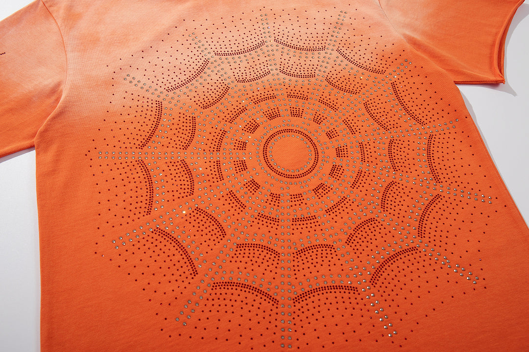 Orange Washed Mandala Embossed Vintage Graphic T‑Shirt