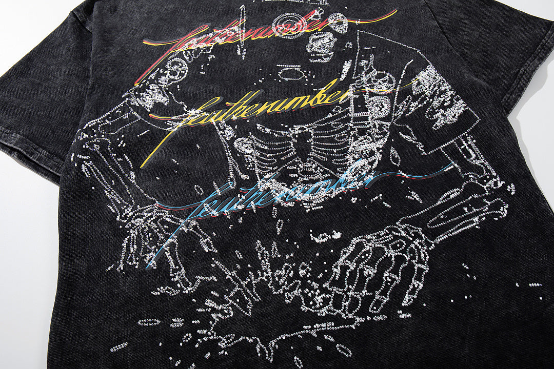 Vintage Black Skeleton Robot Double‑Sided Graphic T‑Shirt