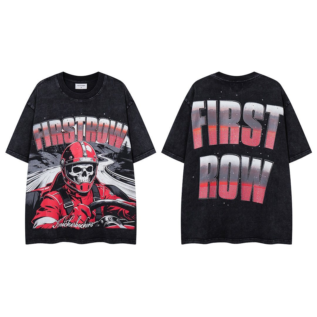 Vintage Black FIRST ROW Skull Racer Graphic T‑Shirt