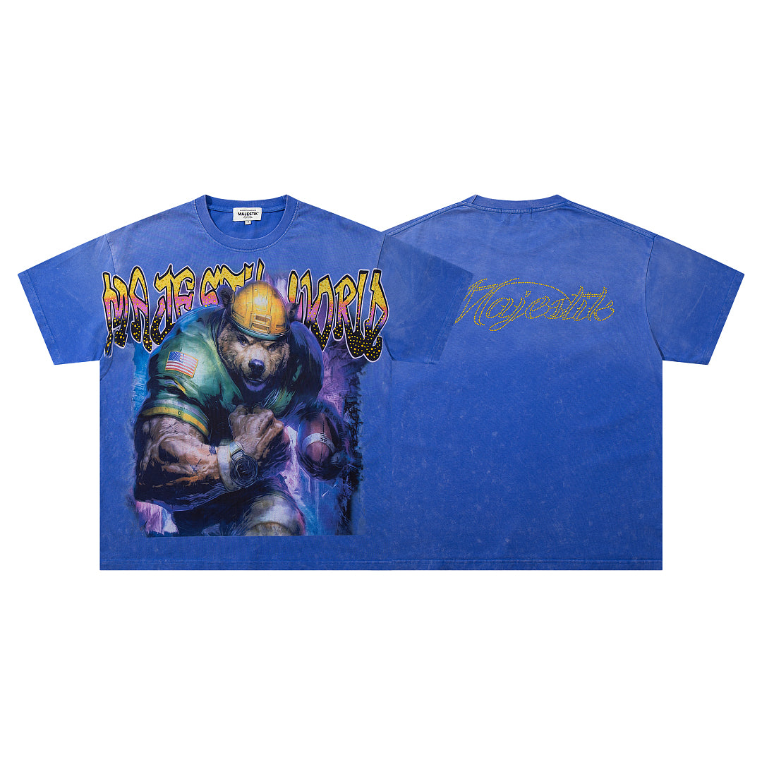 Royal Blue Washed Football Player Vintage Graphic T‑Shirt