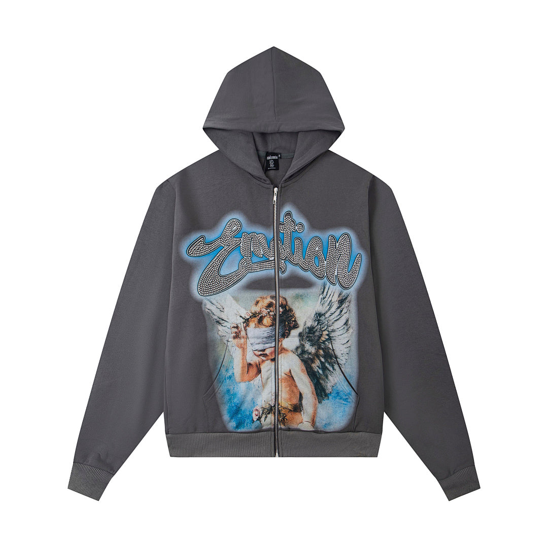 Retro Angel Art Print Full‑Zip Hoodie Washed Gray Loose Hip‑Hop Street Hooded Top