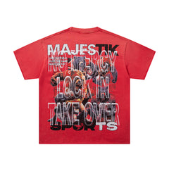 Red Washed Vintage Sports Beast Double‑Sided Graphic Band‑Style T‑Shirt