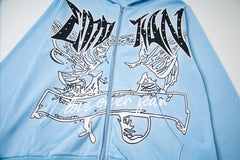 Retro Dark Print Zip‑Up Hooded Jacket Hip‑Hop Urban Street Outerwear