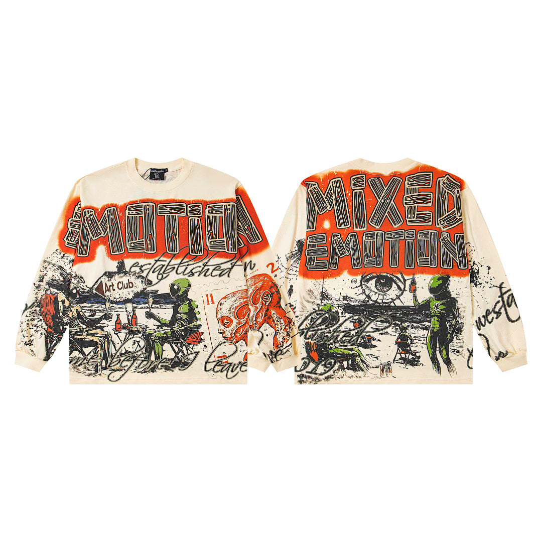 Retro Art Graffiti Long Sleeve T‑Shirt Urban Underground Streetwear