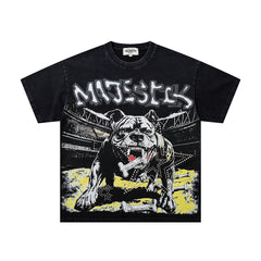 Black Washed Vintage Roaring Tiger Double‑Sided Graphic Band‑Style T‑Shirt