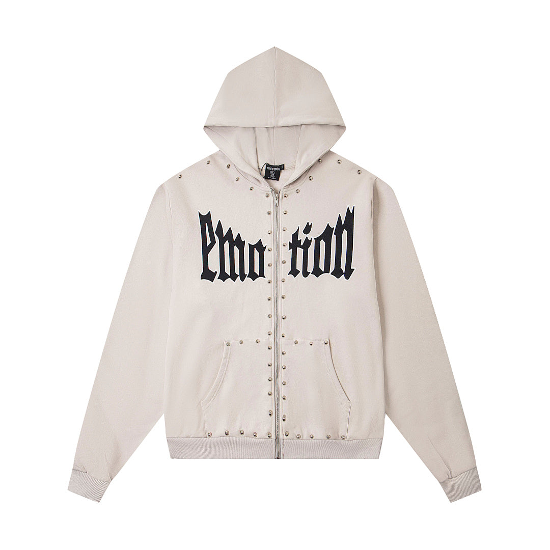 Retro Rivet Detail Full Zip Hooded Jacket Oversized Hip‑Hop Street Outerwear