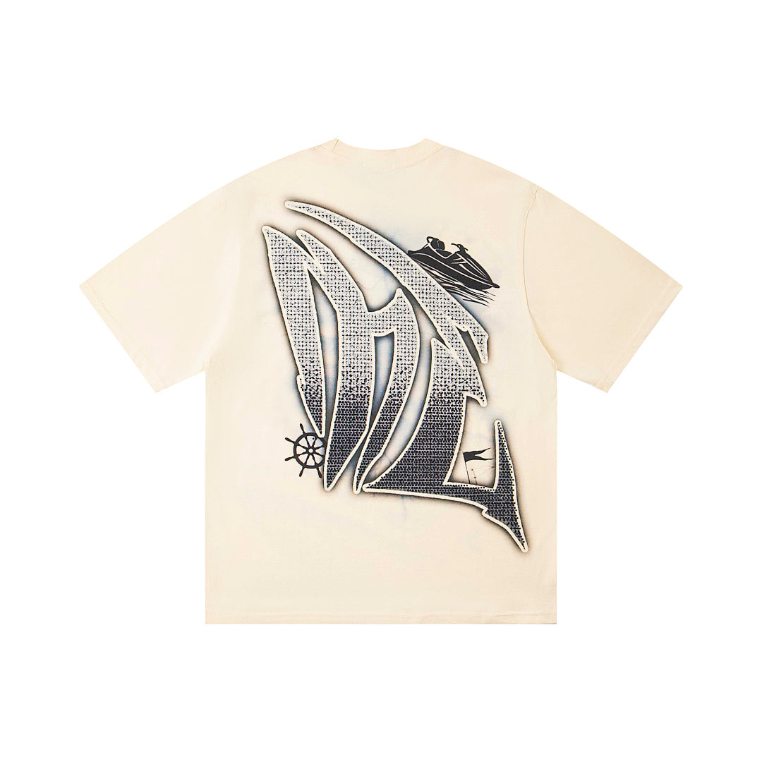 Washed Cream Vintage Sailboat Graphic Oversized Crew Neck Street T‑Shirt