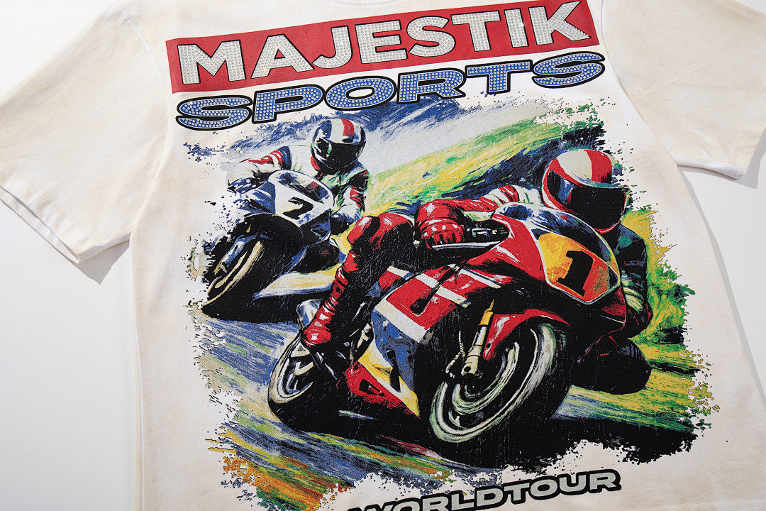 Off‑White Washed Vintage Motorcycle Racing Graphic Band‑Style T‑Shirt
