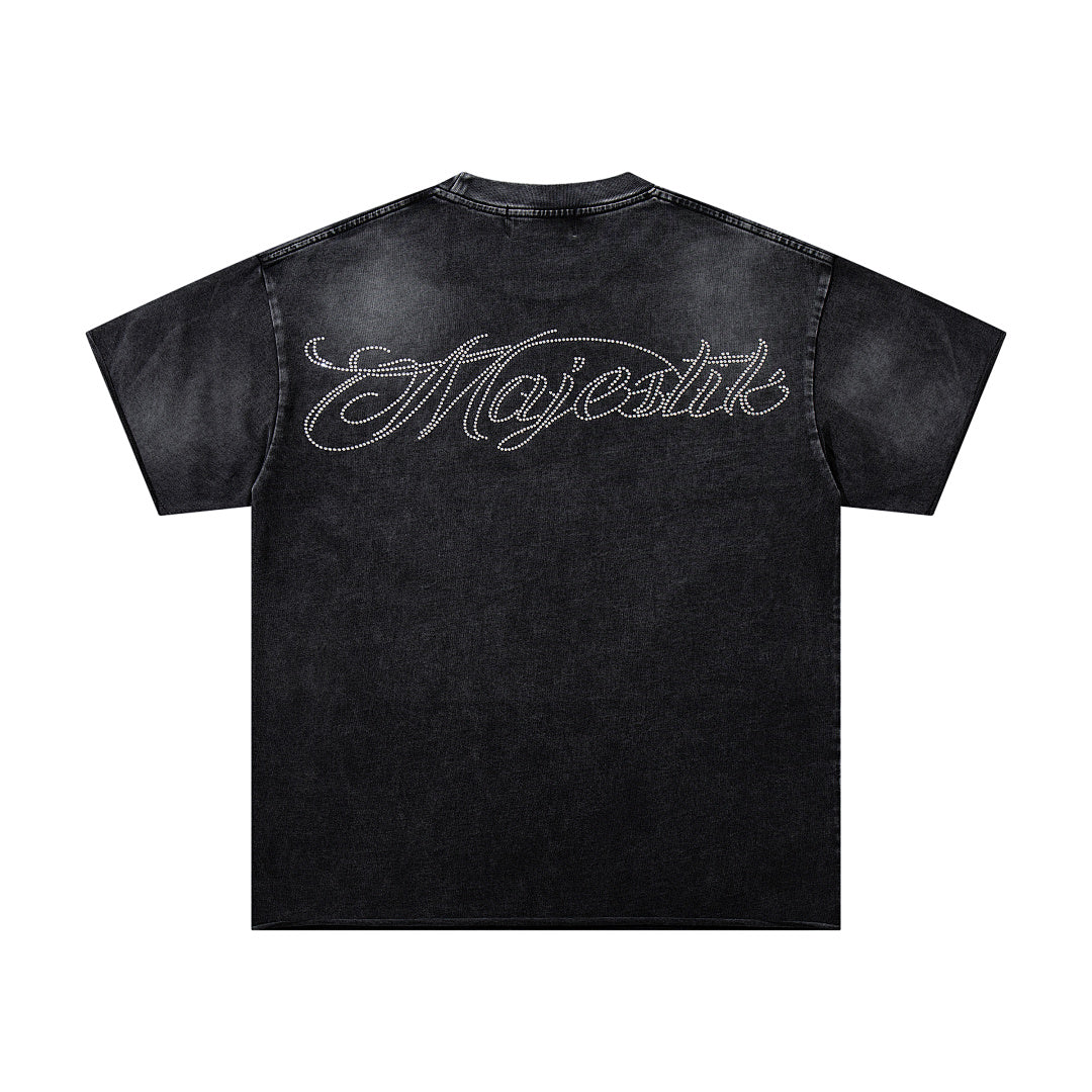 Black Washed Vintage Astronaut Floral Double‑Sided Graphic Band‑Style T‑Shirt
