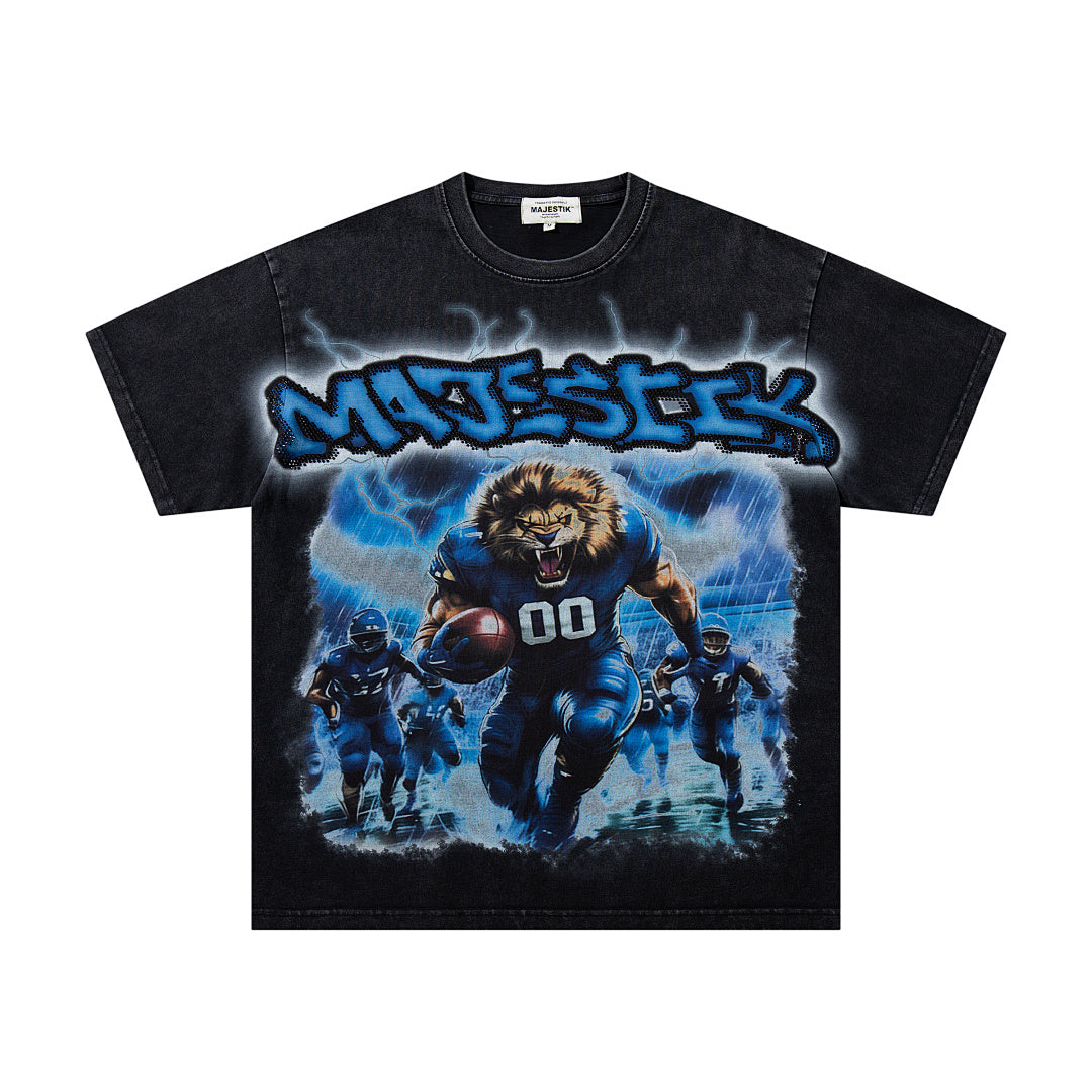 Black Washed Vintage Sports Lion Graphic Band‑Style T‑Shirt