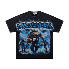 Black Washed Vintage Sports Lion Graphic Band‑Style T‑Shirt