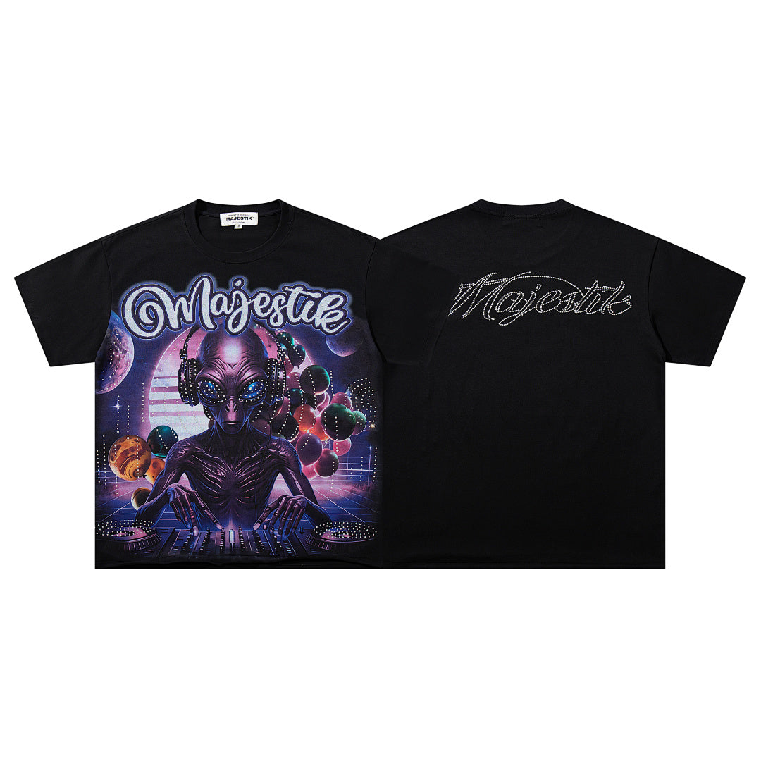 Black Vintage Sci‑Fi Alien Mecha Band‑Style Graphic T‑Shirt