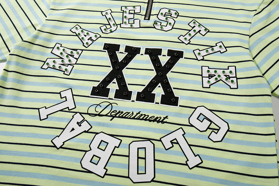 Vintage Green Stripe XX Studded Half‑Zip Polo Shirt