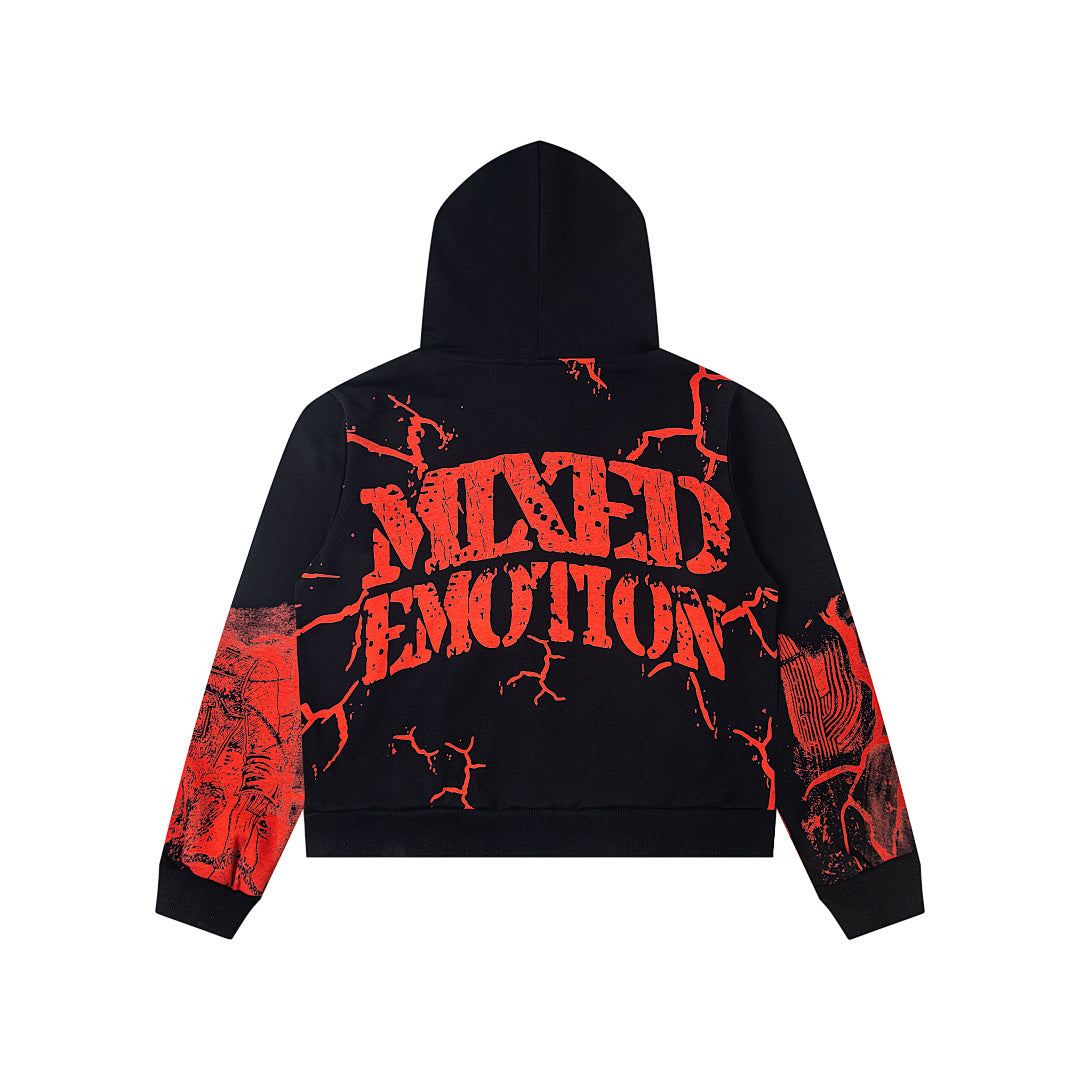 Black Vintage Red Gothic Graphic Zip‑Up Oversized Hoodie Gothic Streetwear Sweatshirt
