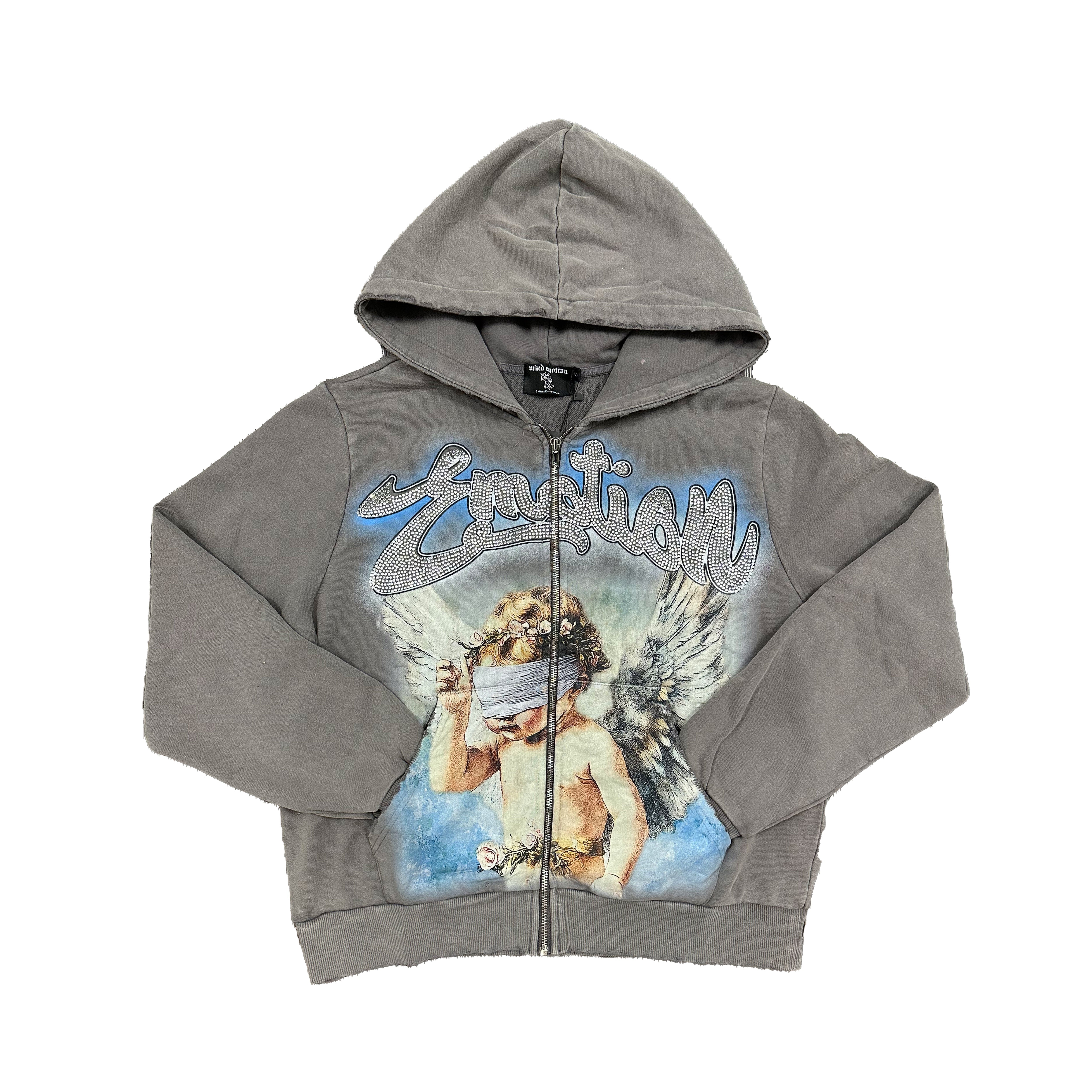 Washed Grey Vintage Art Graphic Full Zip Hoodie Men Streetwear Zip‑Up Sweatshirt