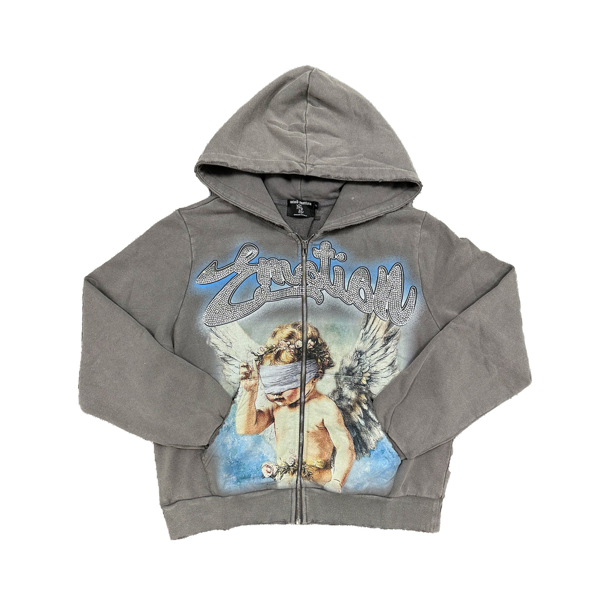 Washed Grey Vintage Art Graphic Full Zip Hoodie Men Streetwear Zip‑Up Sweatshirt