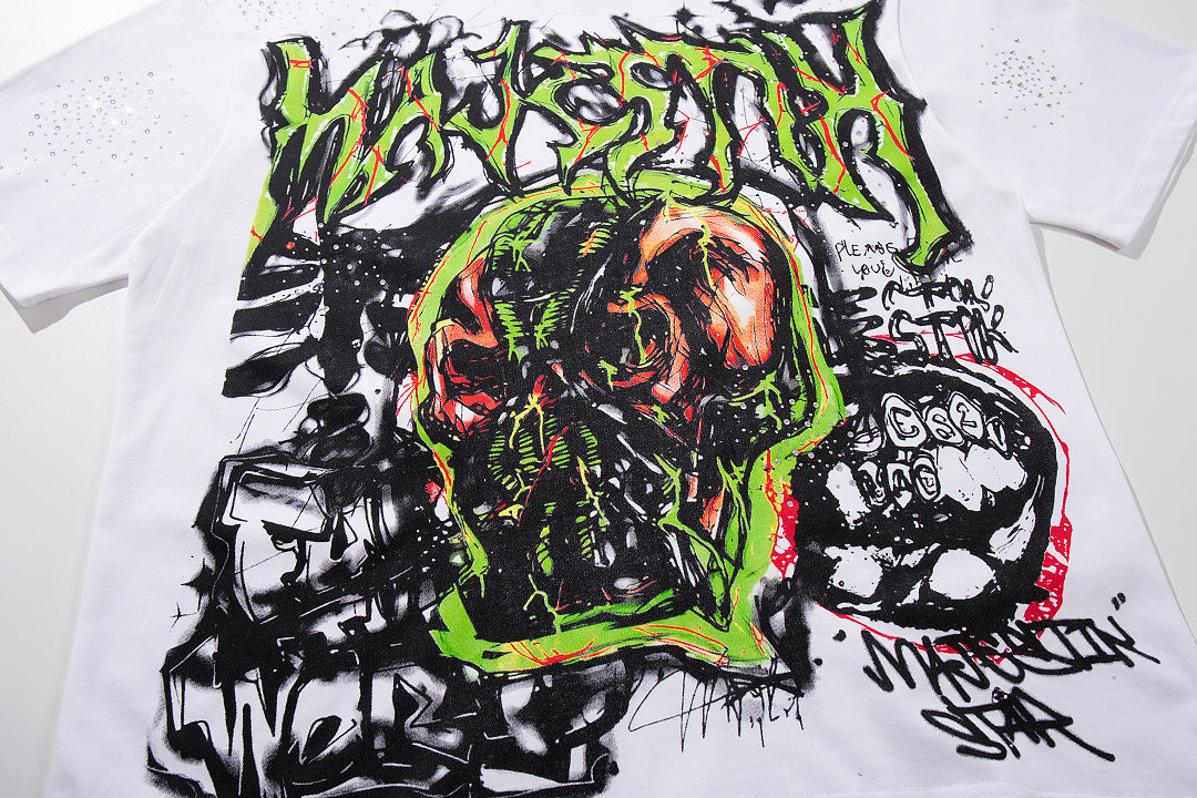 Vintage White Street Graffiti Monster Graphic T‑Shirt
