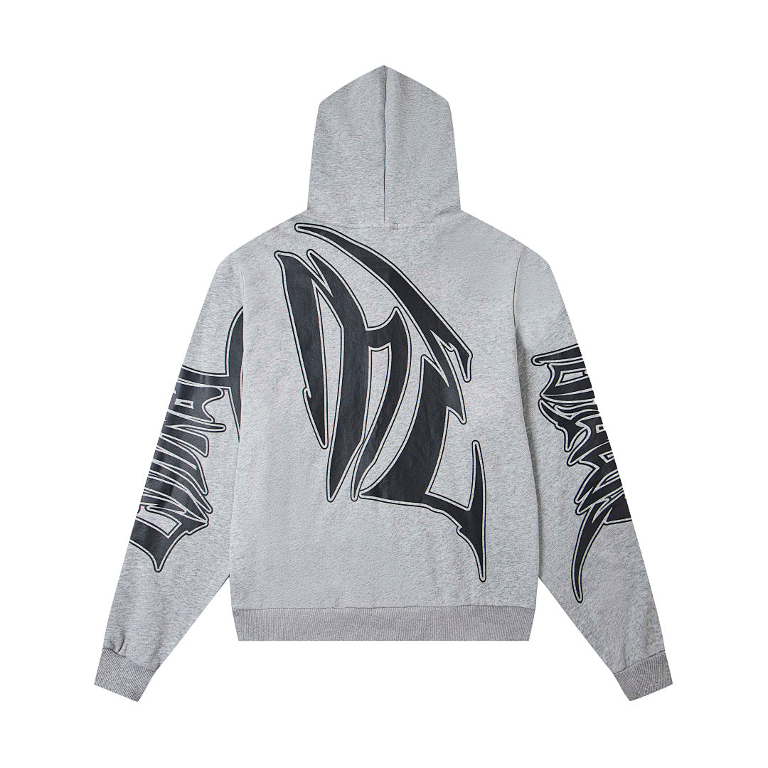 Heather Grey Vintage Gothic Letter Zip‑Up Oversized Hoodie Urban Streetwear Sweatshirt