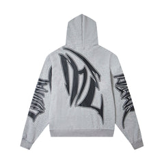 Heather Grey Vintage Gothic Letter Zip‑Up Oversized Hoodie Urban Streetwear Sweatshirt