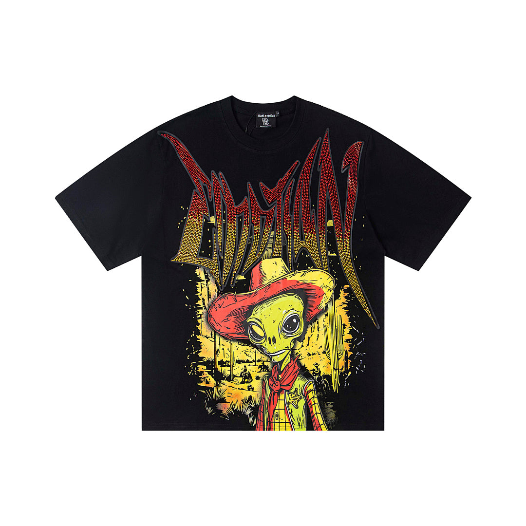 Retro Cowboy Skull Art Print Short‑Sleeve T‑Shirt Black Hip‑Hop Loose Street Tee