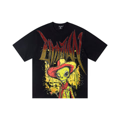 Retro Cowboy Skull Art Print Short‑Sleeve T‑Shirt Black Hip‑Hop Loose Street Tee
