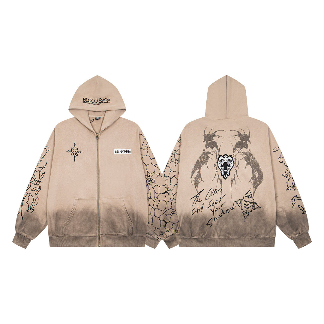 Vintage Gradient Wolf Graphic Full‑Zip Hoodie