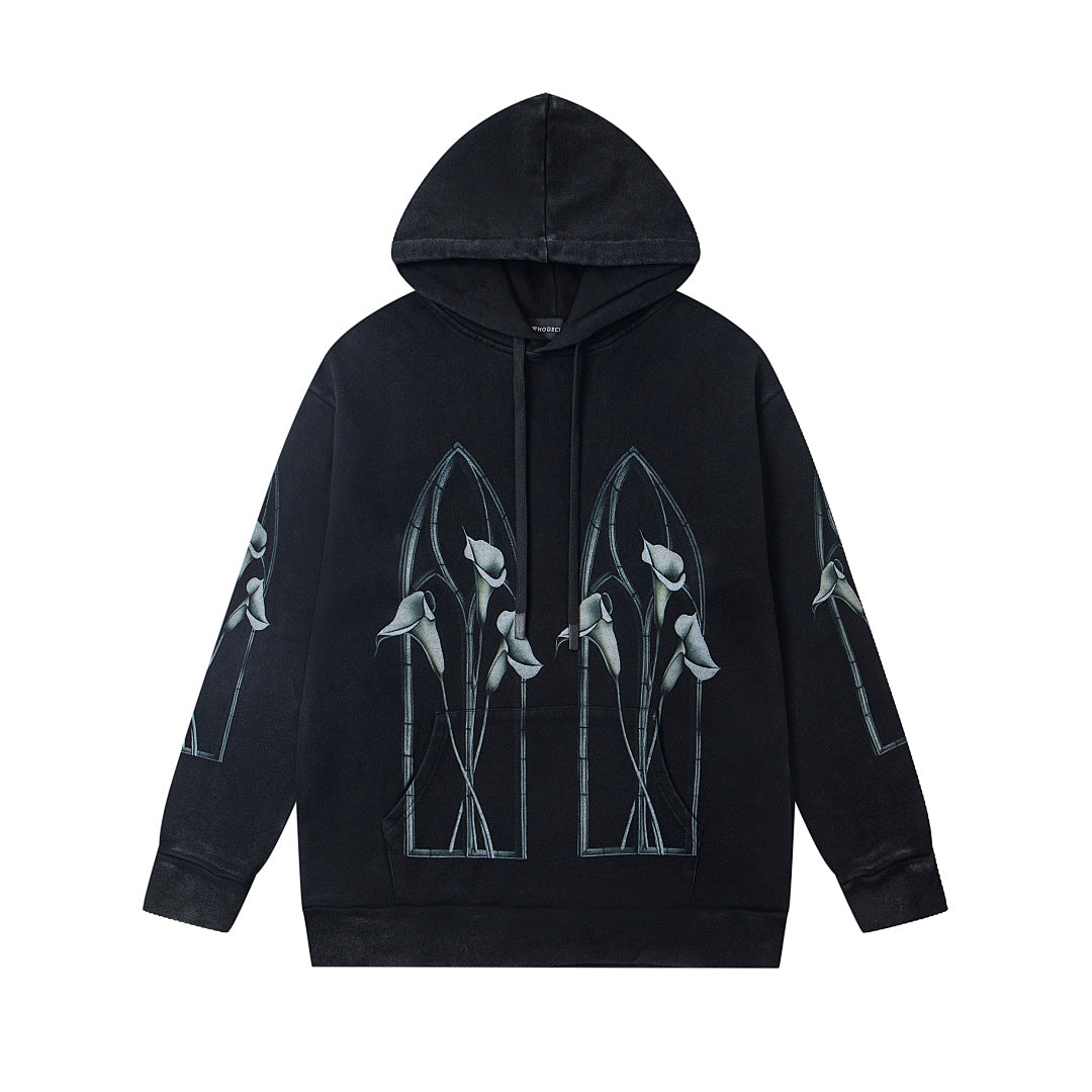 Vintage Black Light‑Blue Line Art Church Window Full‑Zip Hoodie