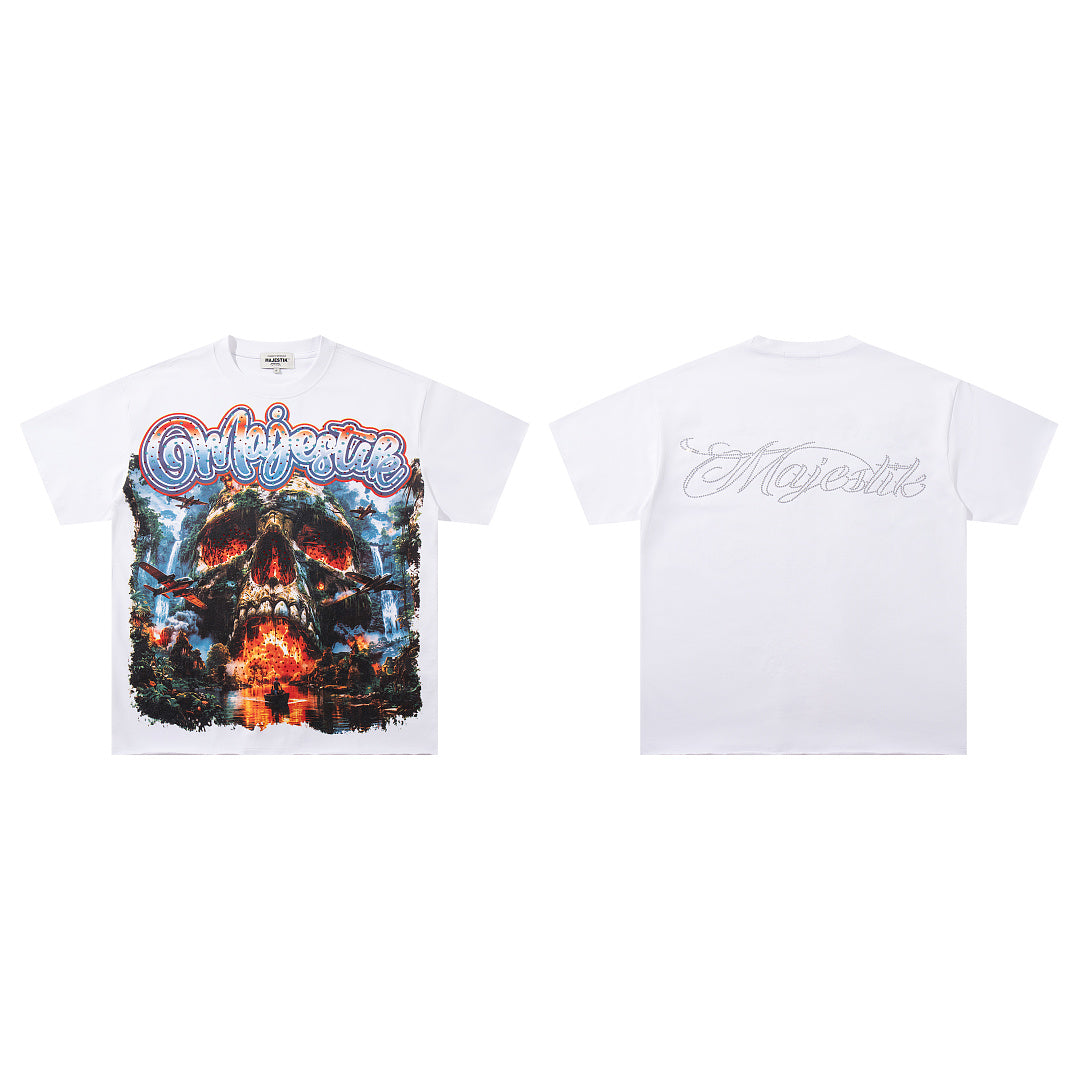 Vintage White MAJESTIC Flame Skull Graphic T‑Shirt