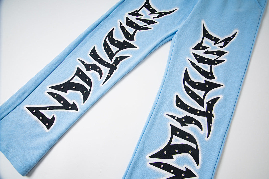 Light Blue Gothic Letter Wide‑Leg Sweat Pants Streetwear Trousers
