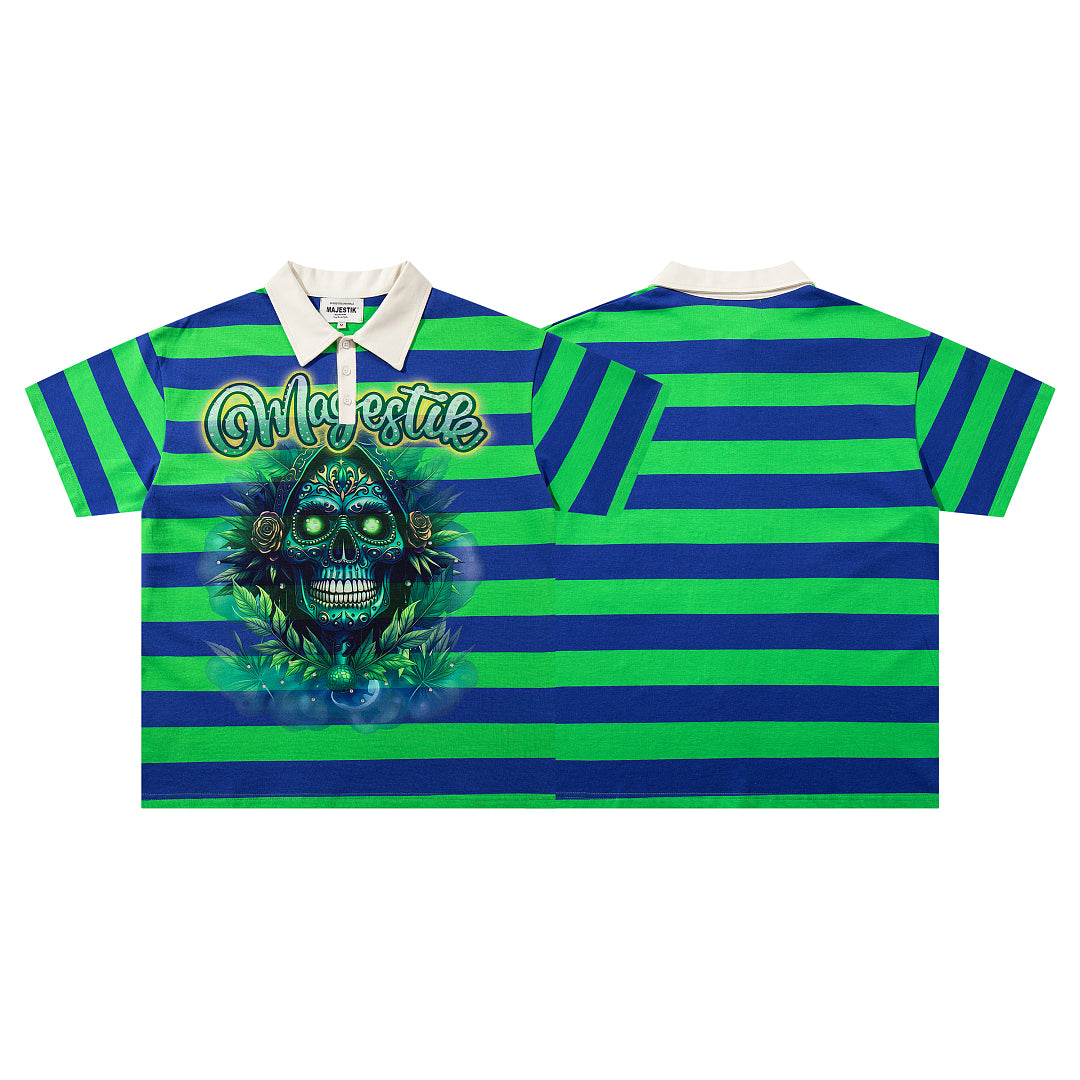 Green Blue Stripe Monster Graphic Vintage Polo Shirt