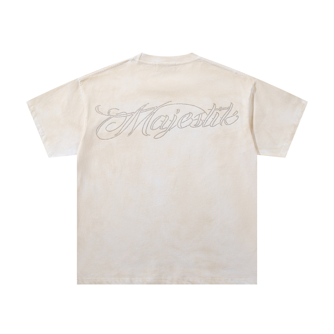 Off‑White Washed Vintage Motorcycle Racing Graphic Band‑Style T‑Shirt