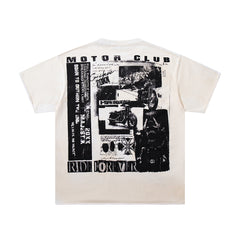 Off‑White Washed Vintage Black‑White Collage Band‑Style Graphic T‑Shirt