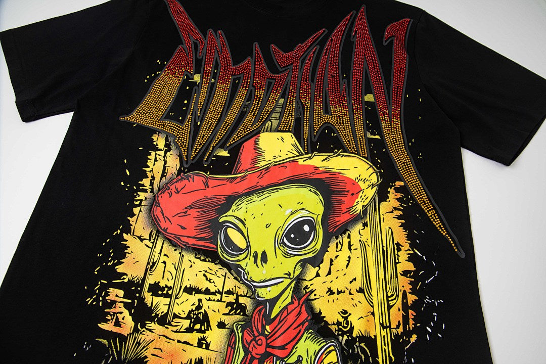 Retro Cowboy Skull Art Print Short‑Sleeve T‑Shirt Black Hip‑Hop Loose Street Tee