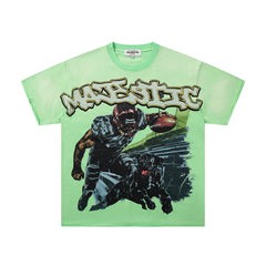 Light Green Washed Vintage Football Player Double‑Sided Graphic Band‑Style T‑Shirt