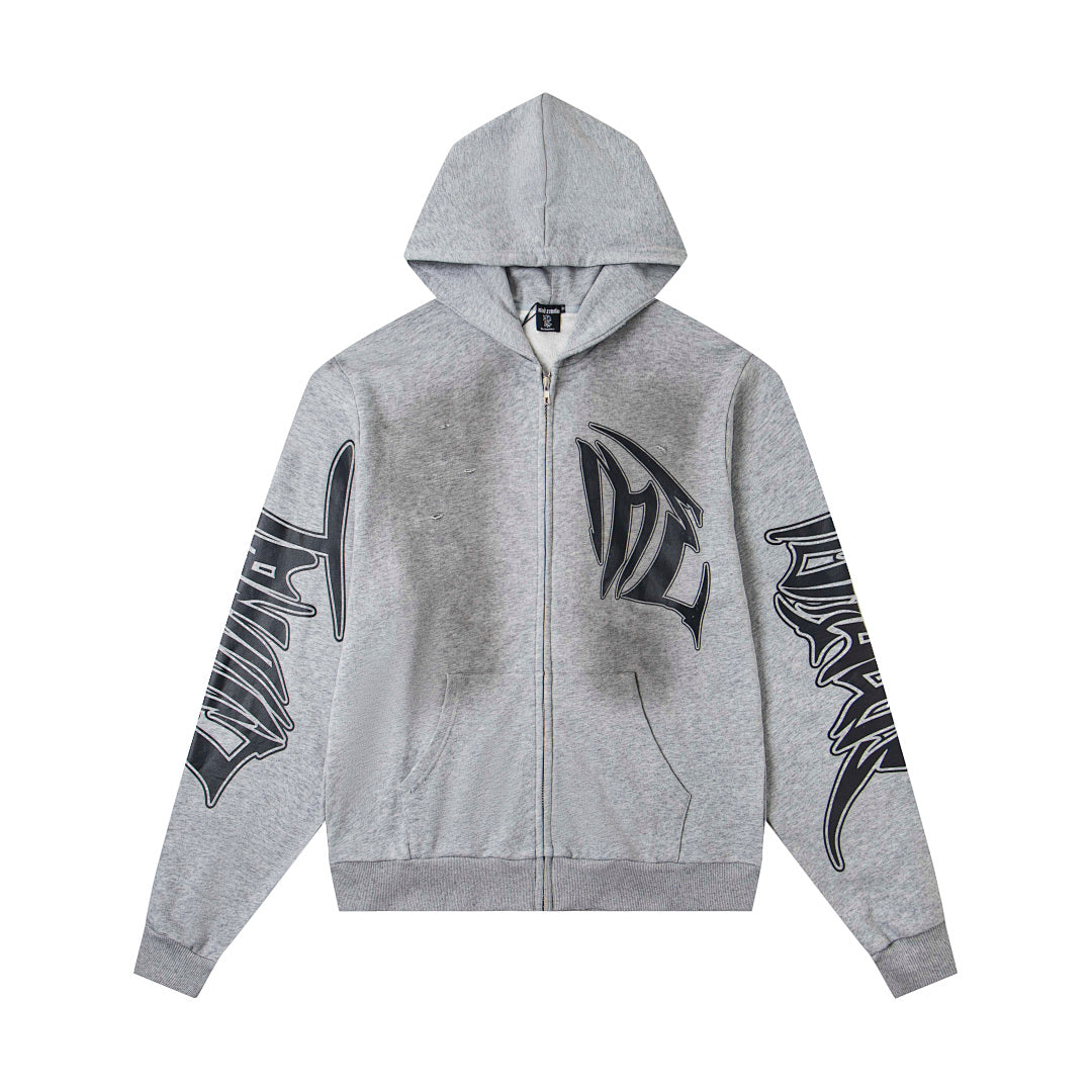 Heather Grey Vintage Gothic Letter Zip‑Up Oversized Hoodie Urban Streetwear Sweatshirt