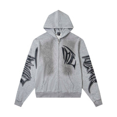 Heather Grey Vintage Gothic Letter Zip‑Up Oversized Hoodie Urban Streetwear Sweatshirt