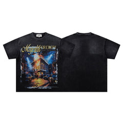 Black Vintage Night Castle Band‑Style Graphic T‑Shirt