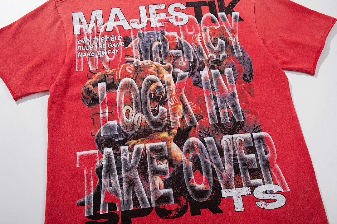 Red Washed Vintage Sports Beast Double‑Sided Graphic Band‑Style T‑Shirt
